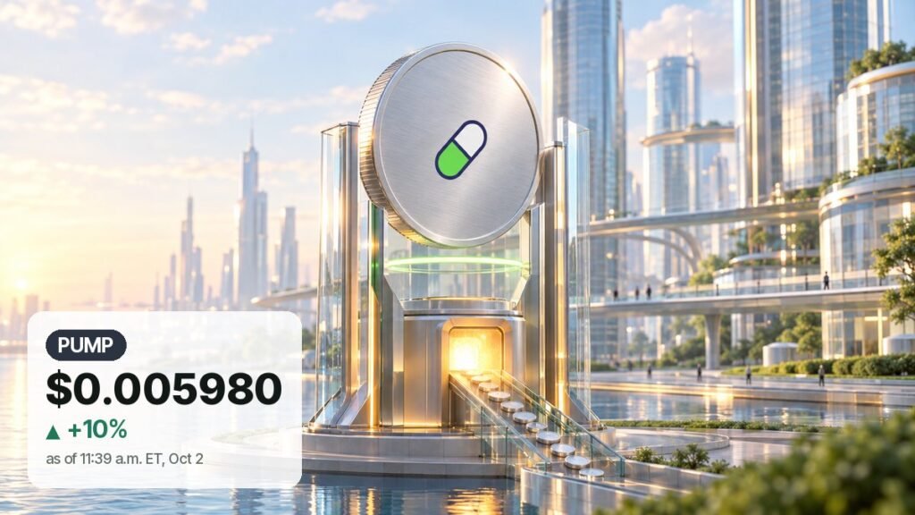 A giant silver coin with a green and white capsule emblem rises in a glass cradle by a canal, small discs gliding into a glowing kiln at its base.