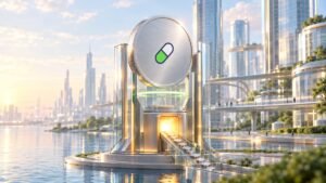 A giant silver coin with a green and white capsule emblem rises in a glass cradle by a canal, small discs gliding into a glowing kiln at its base.