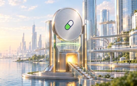 A giant silver coin with a green and white capsule emblem rises in a glass cradle by a canal, small discs gliding into a glowing kiln at its base.