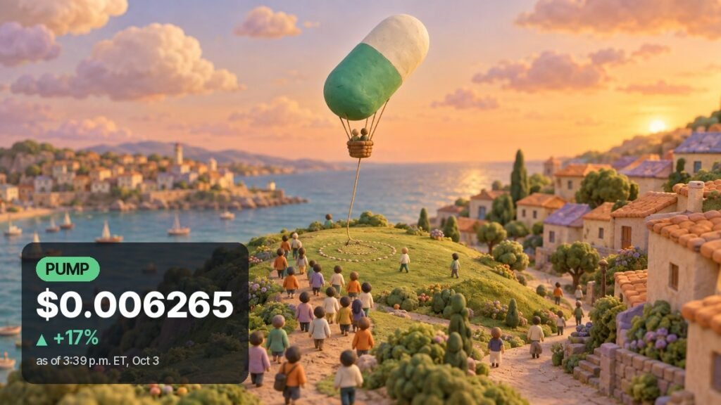 Claymation harbor town at sunset with a lime green and white pill-shaped balloon floating high above a hill as clay figures walk toward it