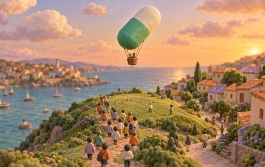 Claymation harbor town at sunset with a lime green and white pill-shaped balloon floating high above a hill as clay figures walk toward it