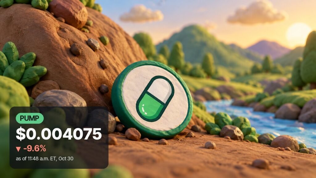 Illustration: a clay coin with the green and white Pump.fun capsule mark rests at the foot of a clay hillside it rolled down, with hills and a river behind it.