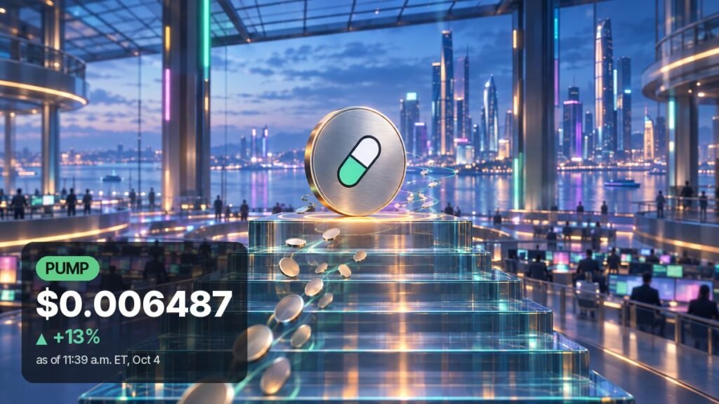 A brushed-metal coin with a green and white pill logo rests on the top step of a glass staircase in a blue-hour exchange hall, small coins drifting up toward it.