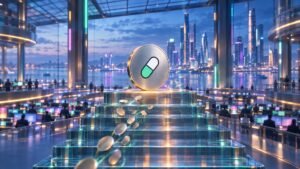A brushed-metal coin with a green and white pill logo rests on the top step of a glass staircase in a blue-hour exchange hall, small coins drifting up toward it.