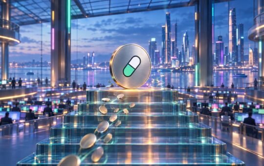 A brushed-metal coin with a green and white pill logo rests on the top step of a glass staircase in a blue-hour exchange hall, small coins drifting up toward it.