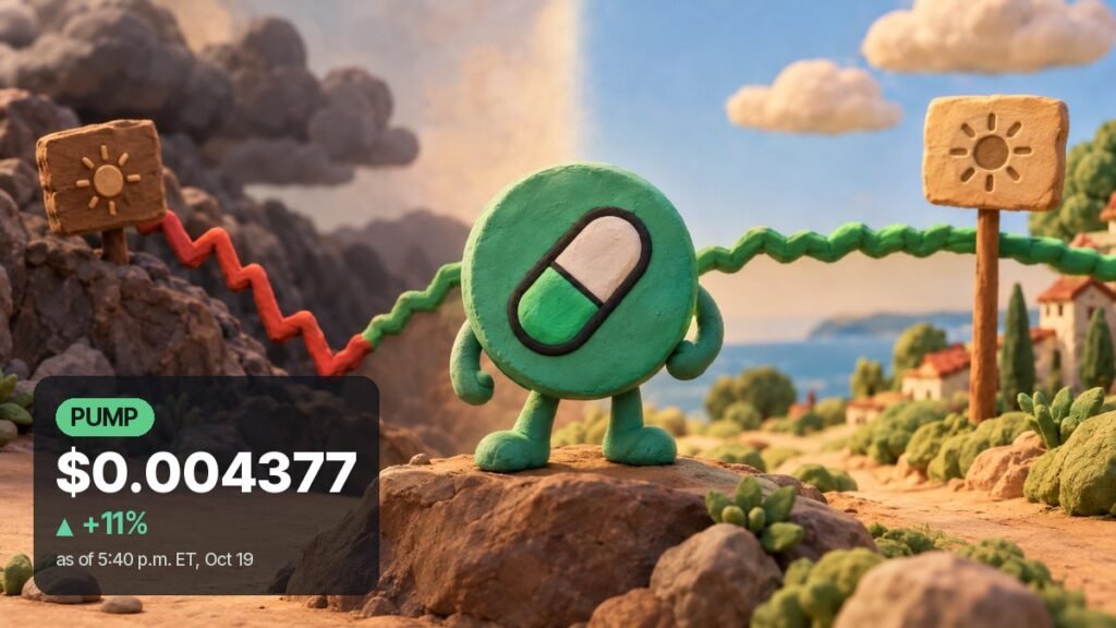 A green clay coin with a green and white pill emblem stands on short legs on a rocky ledge, with a red-then-green clay line behind it and a seaside village beyond.