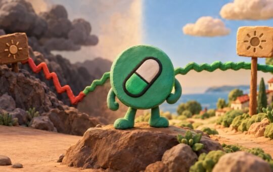 A green clay coin with a green and white pill emblem stands on short legs on a rocky ledge, with a red-then-green clay line behind it and a seaside village beyond.