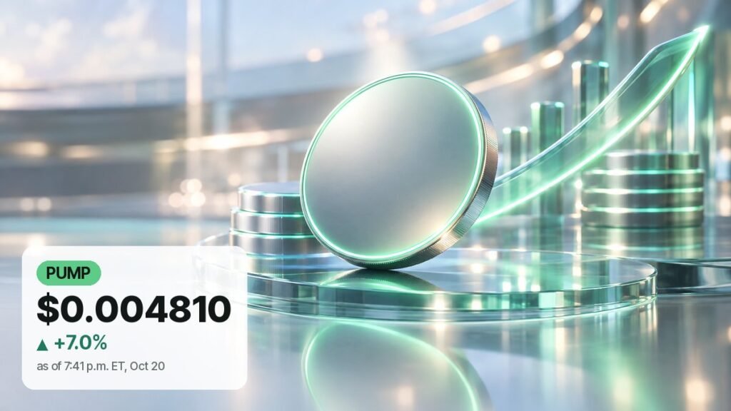 A sleek silver coin with a glowing green rim leans on a glass disc between stacks of coins, a green light ribbon curving upward behind it.