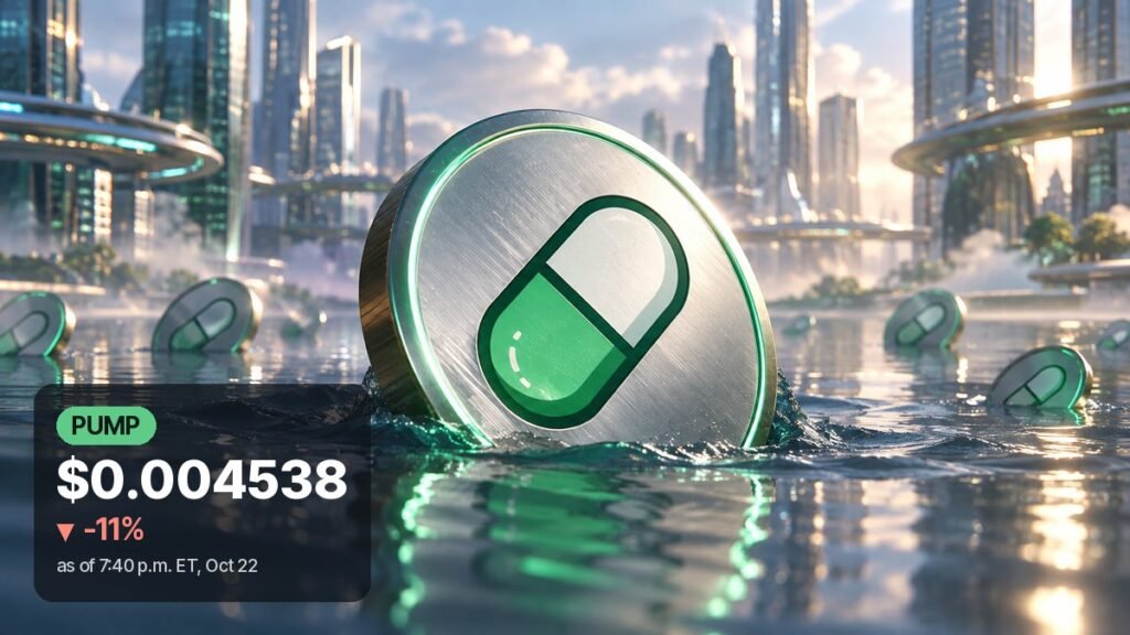 A large silver coin with a green and white pill emblem sinks into calm water in a futuristic glass city, with smaller pill coins floating nearby.