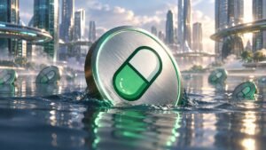 A large silver coin with a green and white pill emblem sinks into calm water in a futuristic glass city, with smaller pill coins floating nearby.