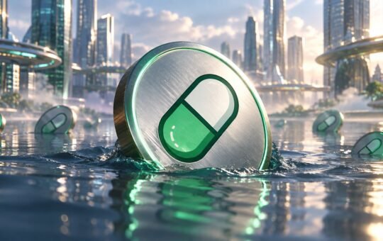 A large silver coin with a green and white pill emblem sinks into calm water in a futuristic glass city, with smaller pill coins floating nearby.