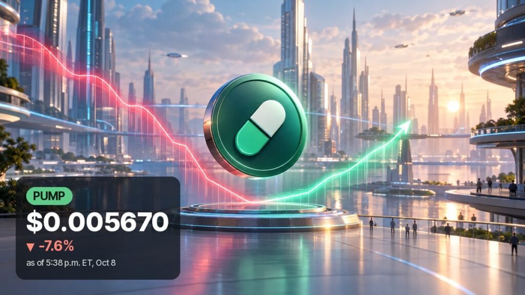A green coin with a white and mint capsule symbol floats above a glowing platform in a sunlit glass city, a red light trail falling on the left and a green one rising on the right.