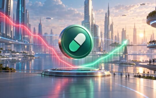 A green coin with a white and mint capsule symbol floats above a glowing platform in a sunlit glass city, a red light trail falling on the left and a green one rising on the right.