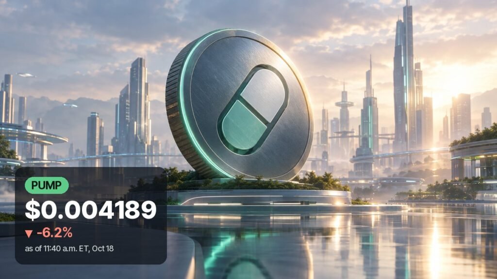 A large brushed-metal coin with a green and white pill emblem stands on a low plinth in a sunlit glass city by calm water.