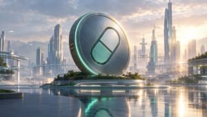 A large brushed-metal coin with a green and white pill emblem stands on a low plinth in a sunlit glass city by calm water.