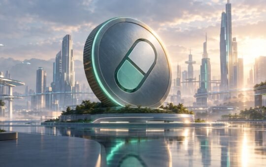 A large brushed-metal coin with a green and white pill emblem stands on a low plinth in a sunlit glass city by calm water.