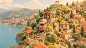 Clay hill town where a coral cable tram nears the top as small clay figures wait at the upper stop