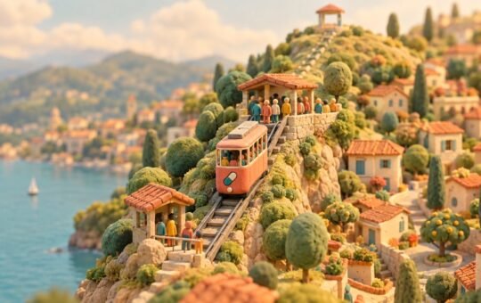 Clay hill town where a coral cable tram nears the top as small clay figures wait at the upper stop