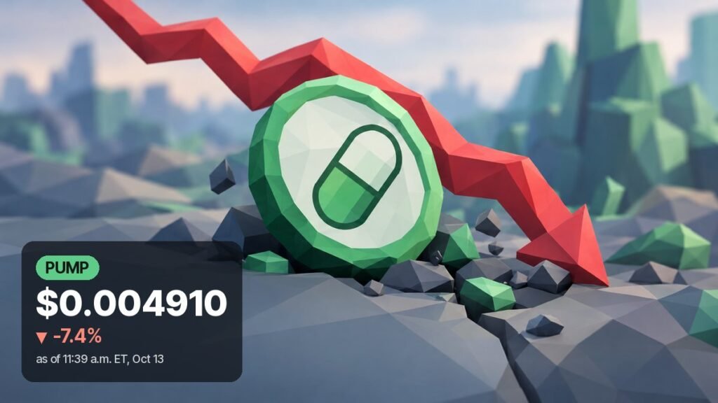 Low-poly green coin with a white pill emblem cracking into rocky ground as a red zigzag arrow drives down past it, mountains blurred behind.