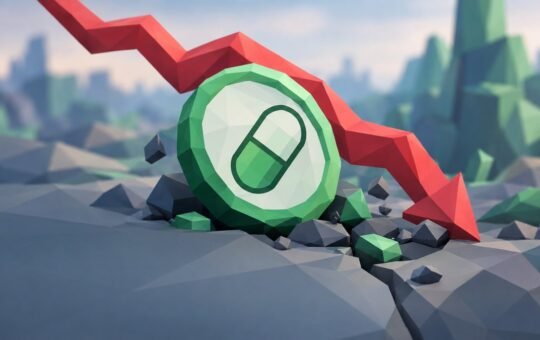 Low-poly green coin with a white pill emblem cracking into rocky ground as a red zigzag arrow drives down past it, mountains blurred behind.