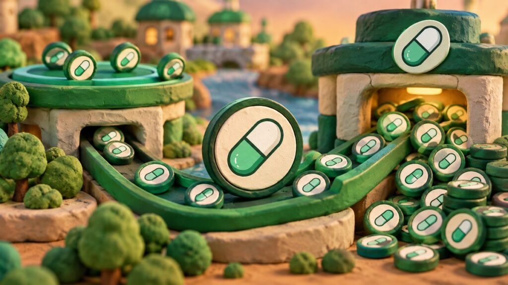 A clay coin with a green and white capsule logo rolls on a curved green track between two clay halls, as more matching coins pour out of the larger hall at sunset.