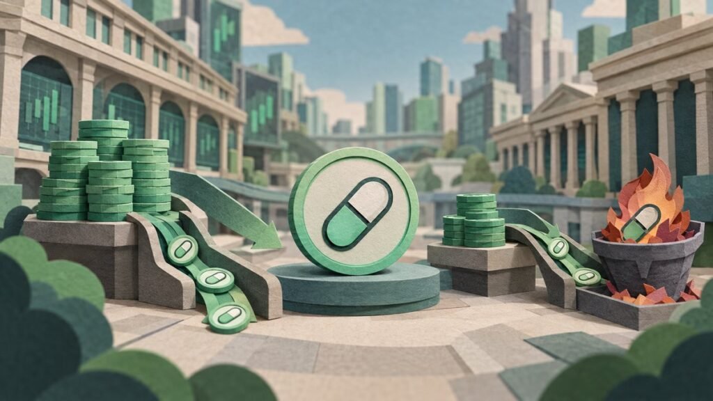 Paper-cut city plaza with a large green coin bearing a white pill emblem on a round pedestal, a stream of small coins sliding down a ramp on the left and a few coins dropping into a fire pot on the right.