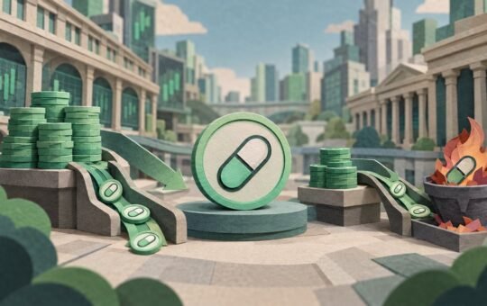 Paper-cut city plaza with a large green coin bearing a white pill emblem on a round pedestal, a stream of small coins sliding down a ramp on the left and a few coins dropping into a fire pot on the right.