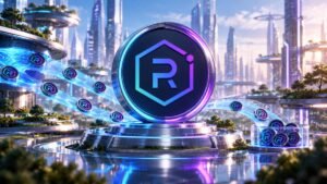 A large Raydium coin with its blue-to-purple hexagon mark stands on a chrome plinth while smaller Raydium coins flow along glass light streams into a container in a sunlit future city.