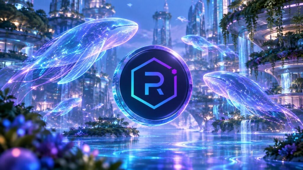 A glowing coin with the Raydium hexagon logo floats above a calm lake in a night-time glass city, as translucent whales drift past.