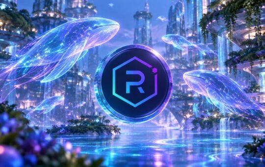 A glowing coin with the Raydium hexagon logo floats above a calm lake in a night-time glass city, as translucent whales drift past.