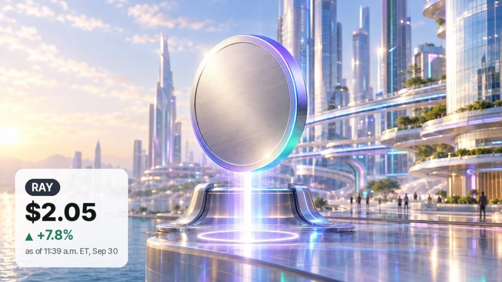 Giant metallic coin lifted one step higher in a glowing cradle on a glass plaza by the sea