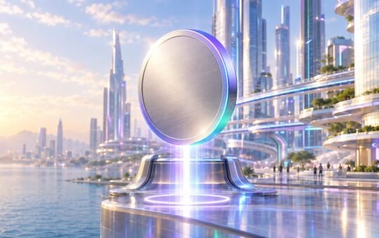 Giant metallic coin lifted one step higher in a glowing cradle on a glass plaza by the sea