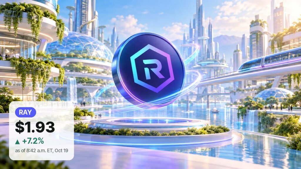 A deep blue Raydium coin with a glowing hexagon emblem floats above a lit platform in the center of a sunlit future city with gardens, water and a light-rail line.