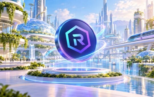 A deep blue Raydium coin with a glowing hexagon emblem floats above a lit platform in the center of a sunlit future city with gardens, water and a light-rail line.