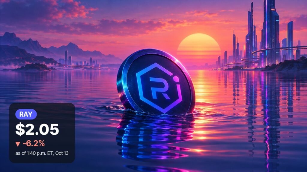 A dark coin with the Raydium hexagon emblem sinks into calm water at a neon sunset, with chrome towers on the shore behind it.