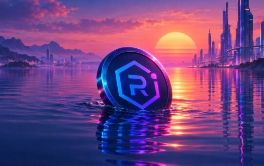 A dark coin with the Raydium hexagon emblem sinks into calm water at a neon sunset, with chrome towers on the shore behind it.