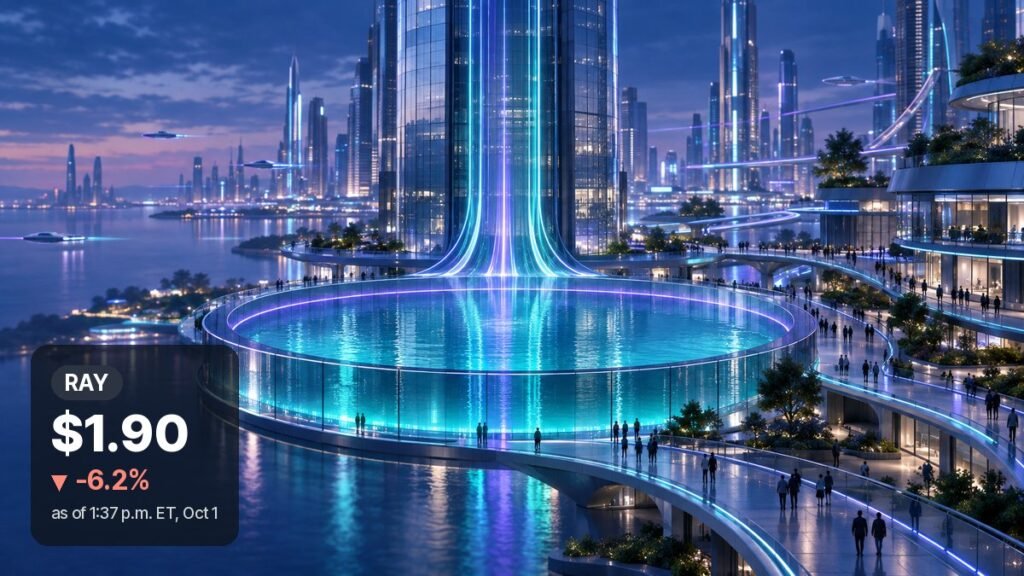 Futuristic city plaza at blue hour with a round glass pool whose glowing water sits just below a faint violet ring marking its earlier level.