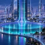 Futuristic city plaza at blue hour with a round glass pool whose glowing water sits just below a faint violet ring marking its earlier level.