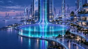Futuristic city plaza at blue hour with a round glass pool whose glowing water sits just below a faint violet ring marking its earlier level.