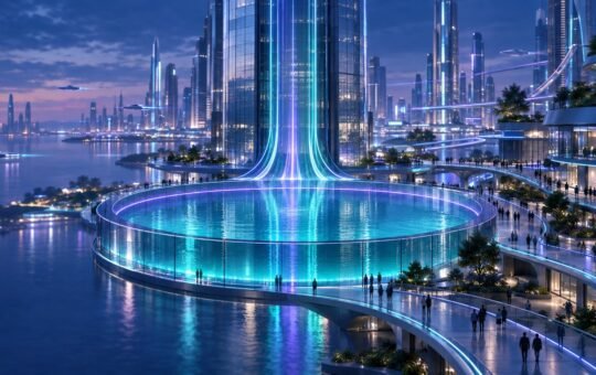 Futuristic city plaza at blue hour with a round glass pool whose glowing water sits just below a faint violet ring marking its earlier level.