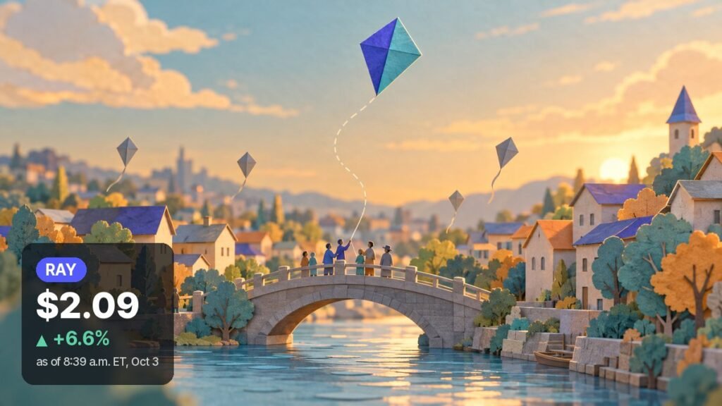 Paper-cut riverside town at golden hour: a large indigo and teal kite climbs high above a stone bridge while smaller grey kites hang low over the rooftops.