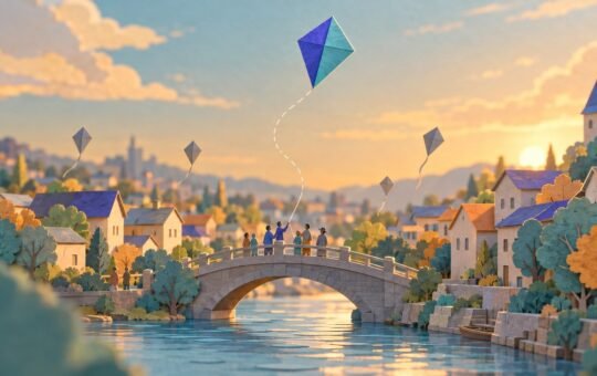 Paper-cut riverside town at golden hour: a large indigo and teal kite climbs high above a stone bridge while smaller grey kites hang low over the rooftops.