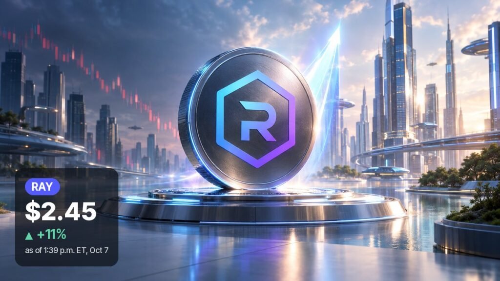 A large metallic coin with a hexagon R emblem stands on a glowing pedestal in a futuristic waterfront city, with a bright light streak rising behind it.