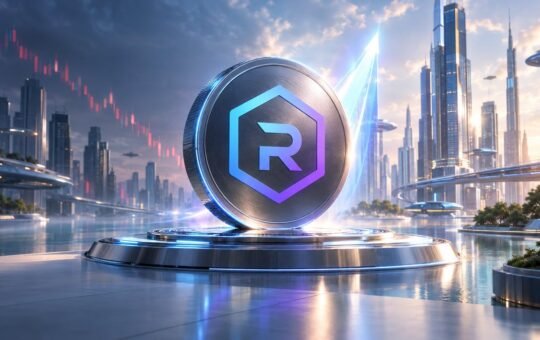 A large metallic coin with a hexagon R emblem stands on a glowing pedestal in a futuristic waterfront city, with a bright light streak rising behind it.