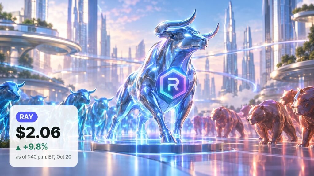 A chrome bull with a glowing hexagon emblem on its chest stands on a lit platform in a glass city, leading a herd of bulls while bears trail behind.
