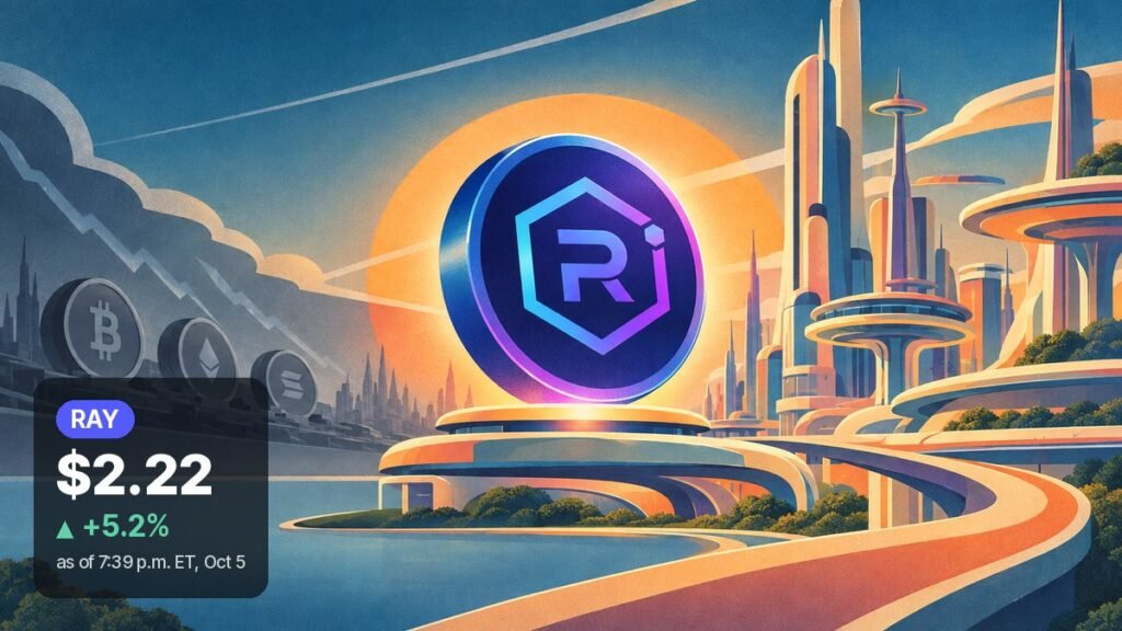 A glowing blue and purple Raydium coin stands before an orange sun in a retro-futurist city, while dimmed gray coins sit in shadow on the left.