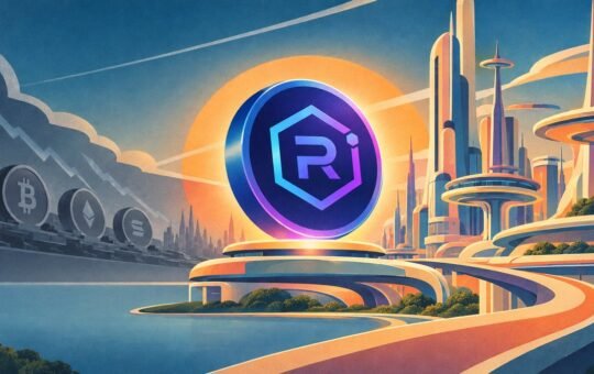 A glowing blue and purple Raydium coin stands before an orange sun in a retro-futurist city, while dimmed gray coins sit in shadow on the left.