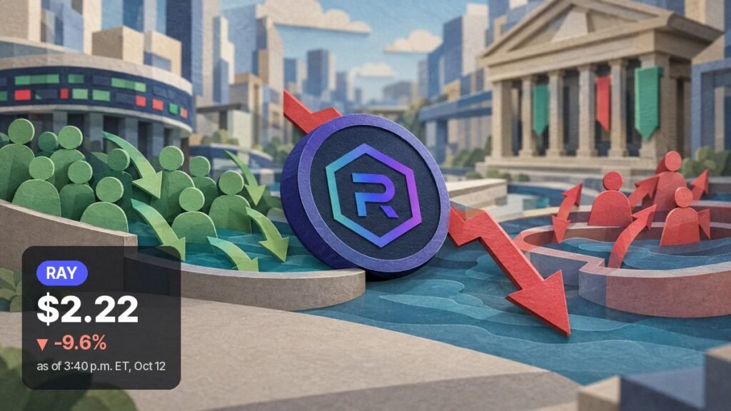 Paper-cut city scene: a purple Raydium coin tilts beside a red down arrow, with green figures on the left and red figures in a pool on the right.