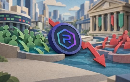 Paper-cut city scene: a purple Raydium coin tilts beside a red down arrow, with green figures on the left and red figures in a pool on the right.