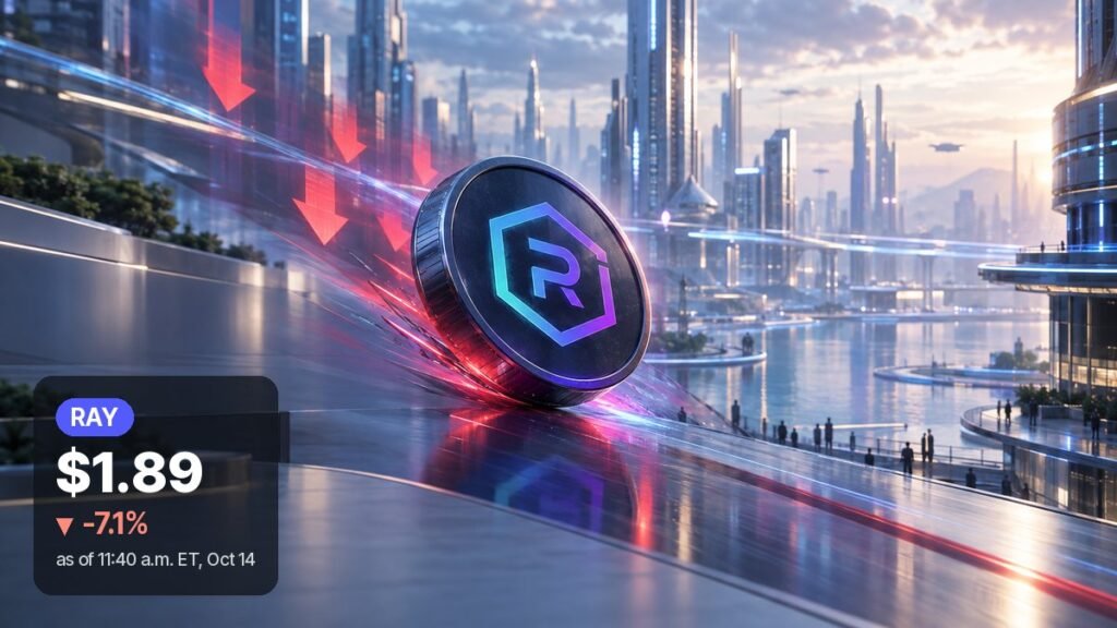 A dark coin with a glowing hexagon R emblem rolls down a glass ramp past red light trails, with a waterfront city of glass towers behind it.